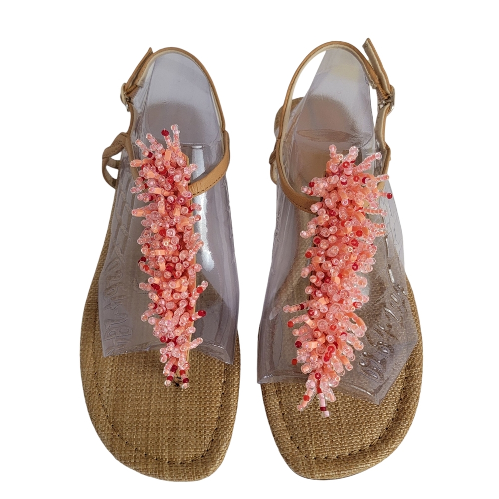 Sam Edelman Brinda Sandals Sz 8.5 M Beaded Coral Flats Resortwear Beach EUC